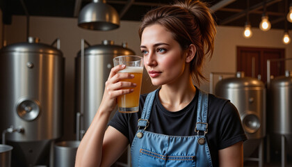 Focused young woman testing beer aroma in a modern brewery on International Women’s Collaboration Brew Day