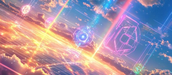 Obraz premium Digital Sunset: A Celestial Tapestry of Light and Technology