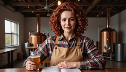 Smiling female brewer jotting down notes while enjoying amber beer in rustic brewery