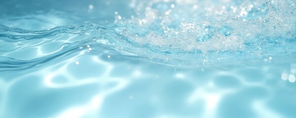 Transparent light blue water surface with waves ripples, splash bubbles. Clean abstract summer background with copy space. Cosmetic moisturizer, micellar toner, shower gel, serum emulsion ad concept.