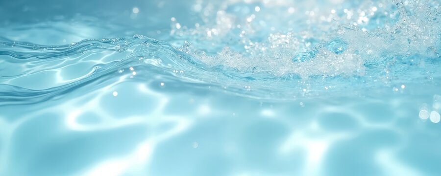 Transparent light blue water surface with waves ripples, splash bubbles. Clean abstract summer background with copy space. Cosmetic moisturizer, micellar toner, shower gel, serum emulsion ad concept.