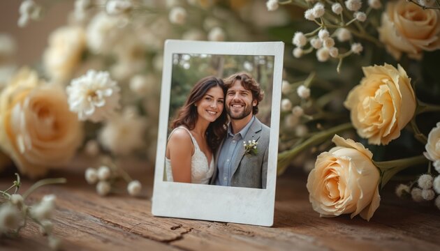 Intimate -style couple portrait on rustic wooden table surrounded by white rose flowers decor. Save the date card for wedding celebration announcement, invitation, keepsake to cherish memory together.