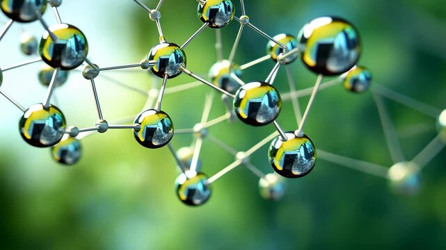 Close-up visualization of a green molecule of a cosmetic structure made of natural herbal ingredients