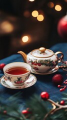 Fototapeta premium A traditional Chinese tea set sits on a table adorned with festive decorations. Vertical.