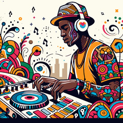 Vector illustration of a young man DJing with joy amidst colorful abstract patterns in an urban background for music and nightlife concepts