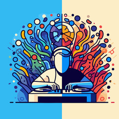 Vector illustration of a DJ mixing music with colorful abstract waves in a dynamic background for music and djing concepts