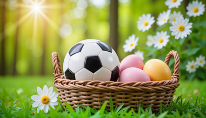 Fototapeta premium Easter basket filled with pastel eggs and a soccer ball, vibrant spring lawn setting