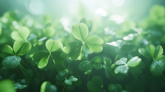 Close-Up View of Fresh Green Clover Plants Bathed in Soft Light