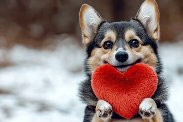 Cute swedish vallhund pooch with fluffy red heart on a walk in a winter garden. Swedish vallhund - my preferred dog, symbol of friendship. Ad campaign critter animal visual graphic design.