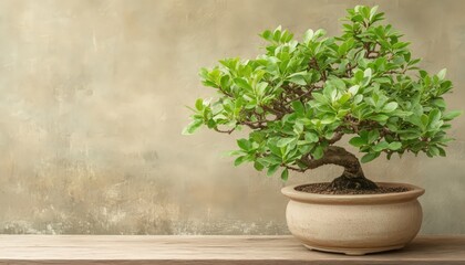 Green Bonsai Tree in Beige Pot on Wooden Surface Against Textured Beige Wall