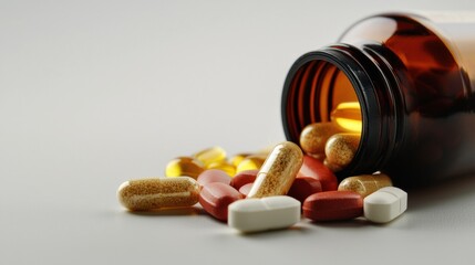 A high-end stock photo of a vitamin bottle with scattered pills, bright studio lighting with a clean and simple white backdrop,