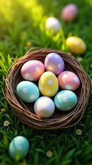 Pastel Easter Eggs Nestled in a Cozy Woven Bed with Spring Blossoms A Serene Celebration on a Sun-Kissed Meadow