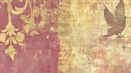 Rustic bird design on textured gold and red background; vintage wallpaper, distressed surface, artistic overlay