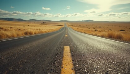 Cinematic view of an endless road stretching through vast landscape under a blue sky