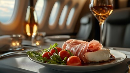 A luxurious first-class dining experience featuring a gourmet burrata and prosciutto antipasto, creamy burrata cheese drizzled with aged balsamic glaze, thinly sliced prosciutto elegantly folded,