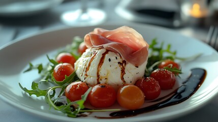 A luxurious first-class dining experience featuring a gourmet burrata and prosciutto antipasto, creamy burrata cheese drizzled with aged balsamic glaze, thinly sliced prosciutto elegantly folded,