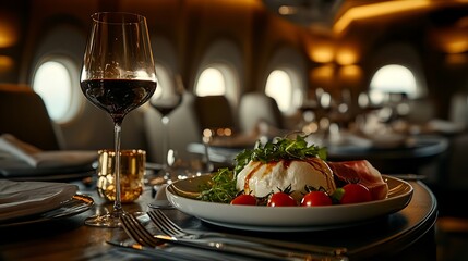A luxurious first-class dining experience featuring a gourmet burrata and prosciutto antipasto, creamy burrata cheese drizzled with aged balsamic glaze, thinly sliced prosciutto elegantly folded,