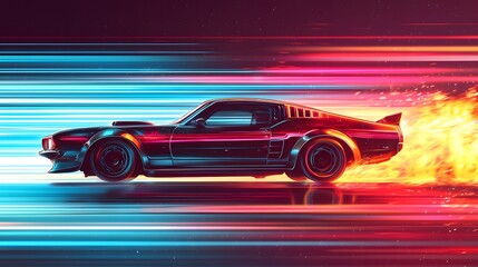 Obraz premium High Speed Supercar Racing Towards Vibrant Sunset Backdrop