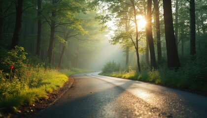 Winding road through a misty forest with sunlight filtering through trees at dawn