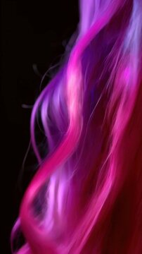 Purple and pink hair flowing against a black background, vibrant colors blending in soft waves, strands catching the light with a silky sheen, concept of fashion, creative styling, hair artistry

