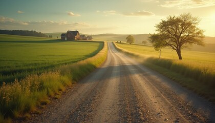 Fototapeta premium Winding gravel road leads to a serene countryside home with lush green fields at sunset
