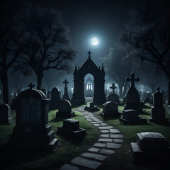 Old Gothic cemetery with tombs at night, in a dark environment