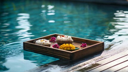 Obraz premium A floating tray in a luxury pool setting with mango sticky rice and tropical fruits. --chaos 20 --ar 16:9 --quality 2 --v 6.1 Job ID: 28c54e7c-2656-4ccd-a7f8-112342bd7fa9