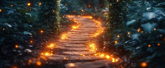 Magical Glowing Path Through Dark Forest