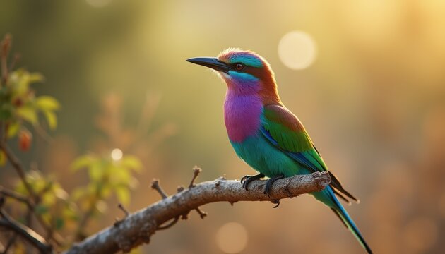 Vibrant lil dev perched at sunset in a tranquil forest setting showcasing its colorful plumage and grace