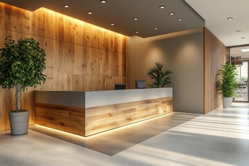 Modern Minimalist Reception Desk Wood Accents Warm Lighting