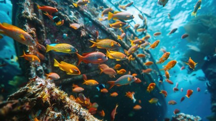 Fototapeta premium A mesmerizing underwater scene of a sunken shipwreck covered in coral and teeming with vibrant tropical fish. The clear blue waters