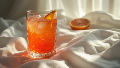 Cinematic capture of a vibrant drink on soft fabric with citrus accent and natural light highlighting the moment