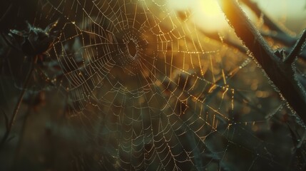 A delicate spider web glistens with dewdrops in the golden light of sunrise. The intricate strands catch the warm glow,