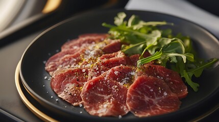 Fototapeta premium A refined first-class airplane meal showcasing Carpaccio di Manzo, vibrant red beef slices artistically plated on a black ceramic dish, sprinkled with sea salt and cracked pepper,