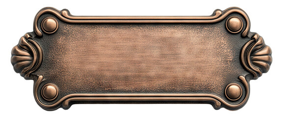 Vintage bronze nameplate with decorative frame, isolated on transparent cutout background