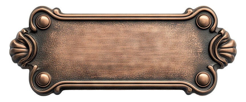 Vintage bronze nameplate with decorative frame, isolated on transparent cutout background
