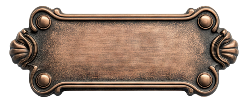 Vintage bronze nameplate with decorative frame, isolated on transparent cutout background