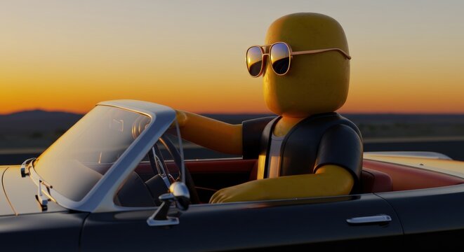 Cartoon character driving a vintage convertible car at sunset, with mountains in the background - chicano art