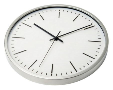 Round wall clock with silver frame on a transparent background