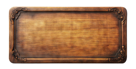 Blank polished wooden nameplate with intricate details, isolated on transparent cutout background