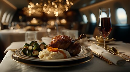 A refined first-class fine dining setup, featuring a gourmet Duck à l'Orange dish, the orange glaze delicately drizzled over the crispy duck,