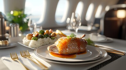A refined first-class fine dining setup, featuring a gourmet Duck à l'Orange dish, the orange glaze delicately drizzled over the crispy duck,