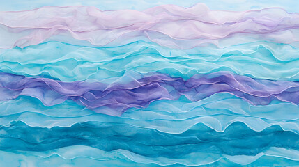 Obraz premium Layered pastel fabric texture background, blue, purple, pink ruffles, soft waves, design element