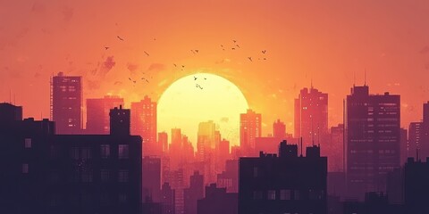 Obraz premium The vibrant sun sets over a city skyline with birds flying