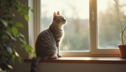 Serene cat gazes out the window at sunset with soft light illuminating the room