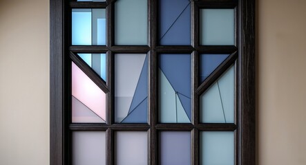 Geometric panes of glass in a dark framed window.