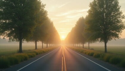 Serene country road at sunrise with trees lining the path and mist rising from the fields