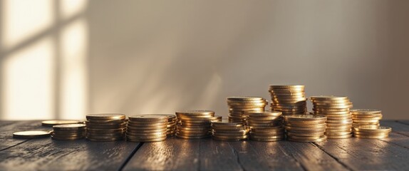 Piles of Shiny Coins Arranged Neatly on a Wooden Table with Soft Natural Light Creating a Warm and Inviting Atmosphere for Financial Prosperity.