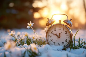 Vintage Alarm Clock in Snowy Field at Sunrise