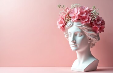Creative concept plaster sculpture head adorned with fresh pink flowers on pastel pink background. Gypsophila add delicate touch. Surreal blend classic art with modern floral design aesthetic. Copy
